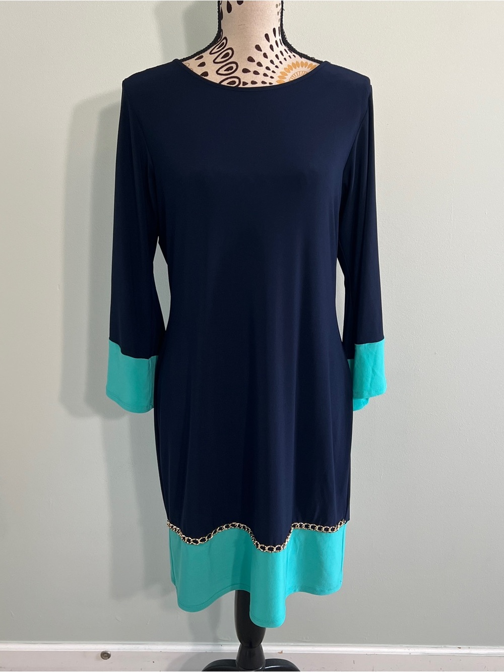 Navy Midi Dress with Aqua Trim and Chain Accent, size medium